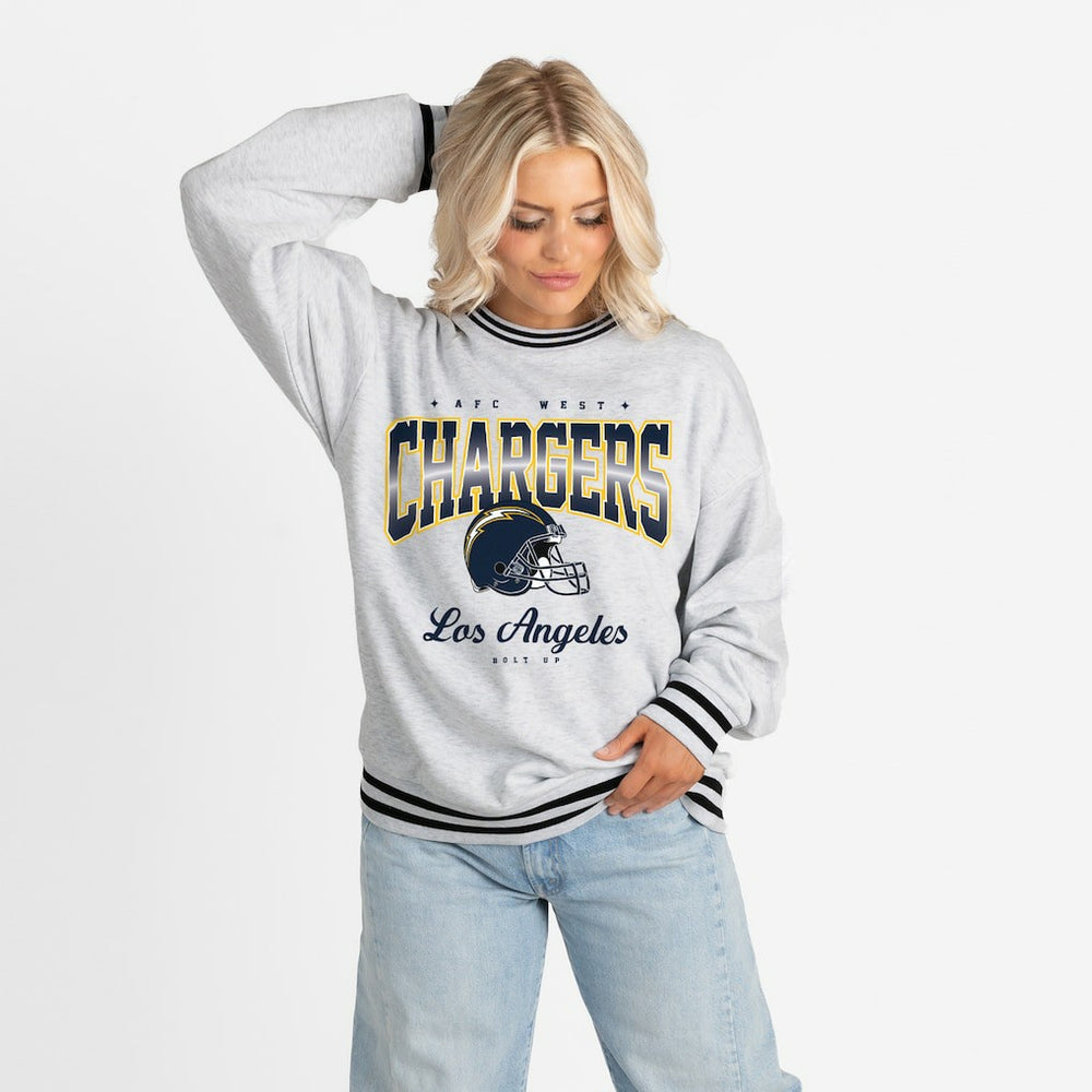 Los Angeles Chargers Gameday Couture Women's Oversized Gridiron Drive Ringer Stripe Sweatshirt - Ash/Black cheap