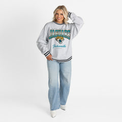 Jacksonville Jaguars Gameday Couture Women's Oversized Gridiron Drive Ringer Stripe Sweatshirt - Ash/Black online