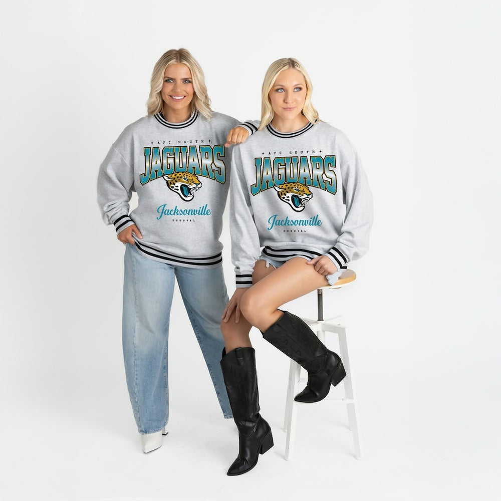 Jacksonville Jaguars Gameday Couture Women's Oversized Gridiron Drive Ringer Stripe Sweatshirt - Ash/Black online