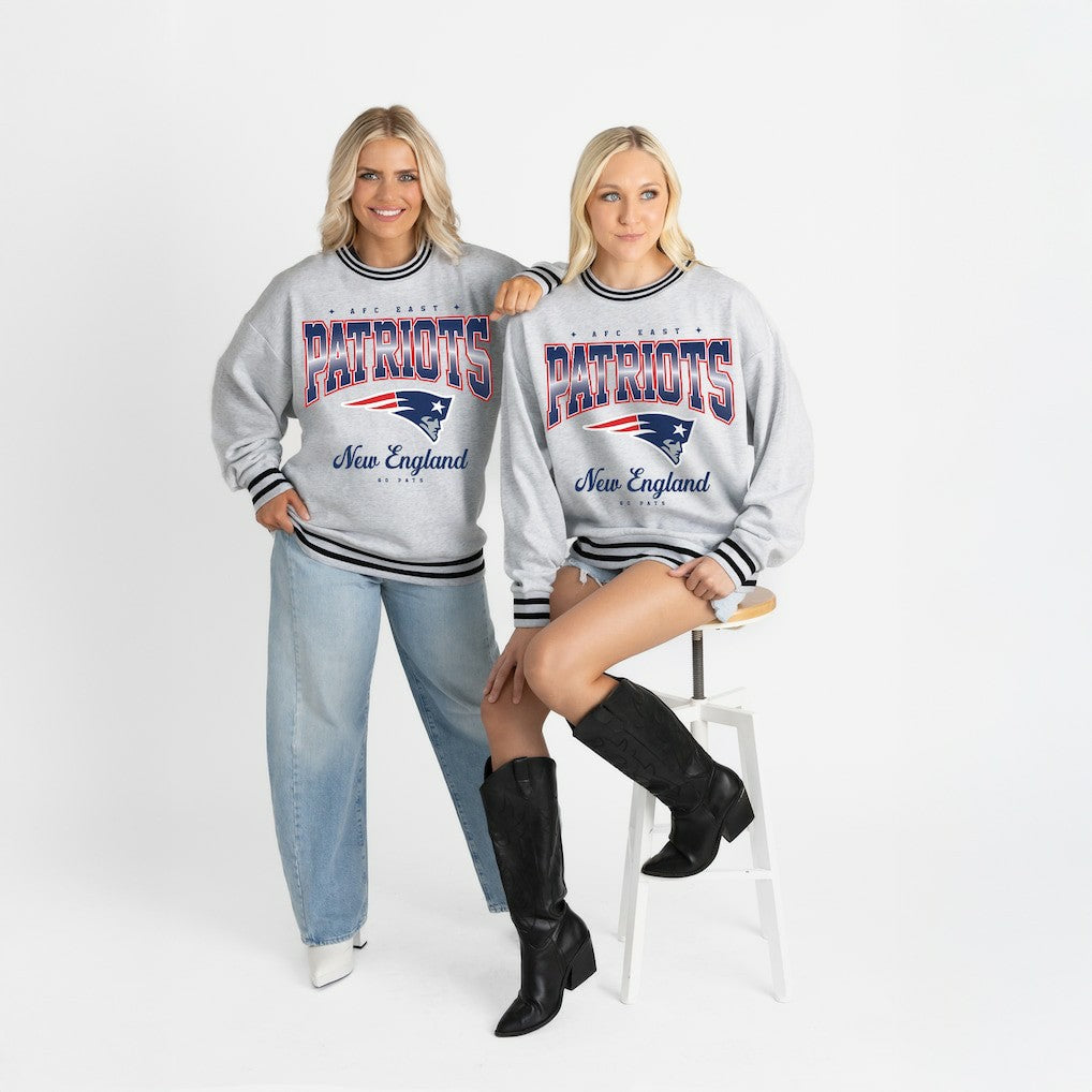 New England Patriots Gameday Couture Women's Oversized Gridiron Drive Ringer Stripe Sweatshirt - Ash/Black outlet