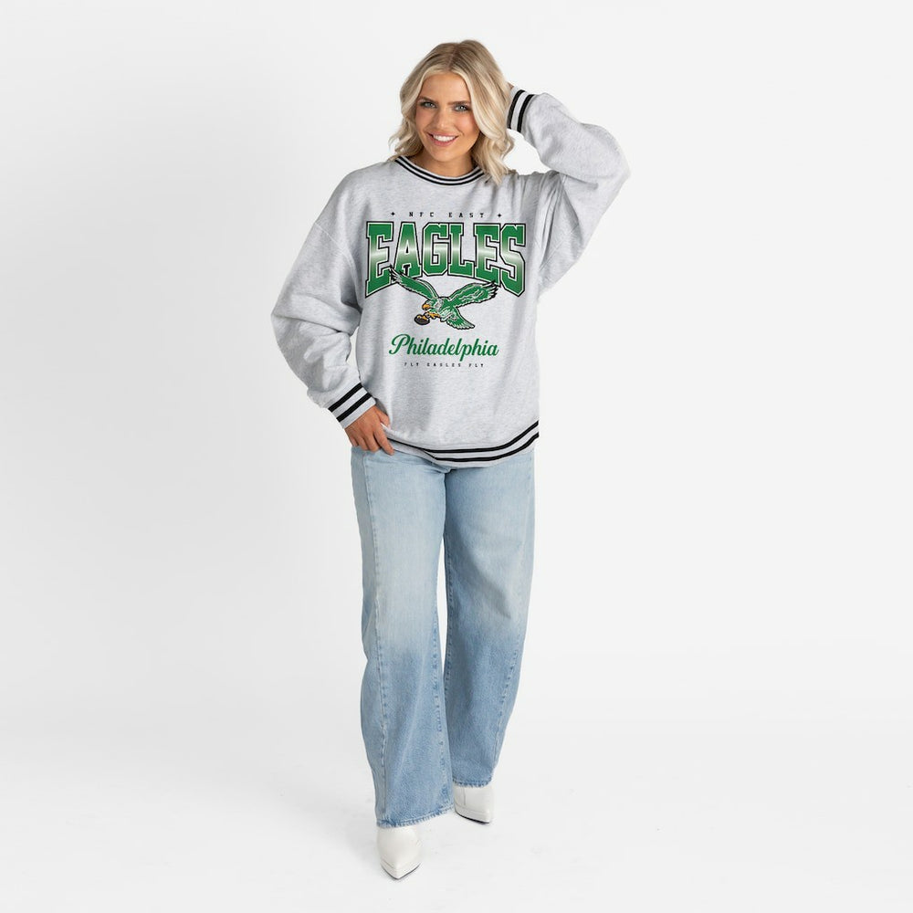Philadelphia Eagles Gameday Couture Women's Oversized Gridiron Drive Ringer Stripe Sweatshirt - Ash/Black outlet