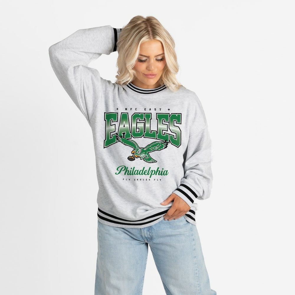 Philadelphia Eagles Gameday Couture Women's Oversized Gridiron Drive Ringer Stripe Sweatshirt - Ash/Black outlet