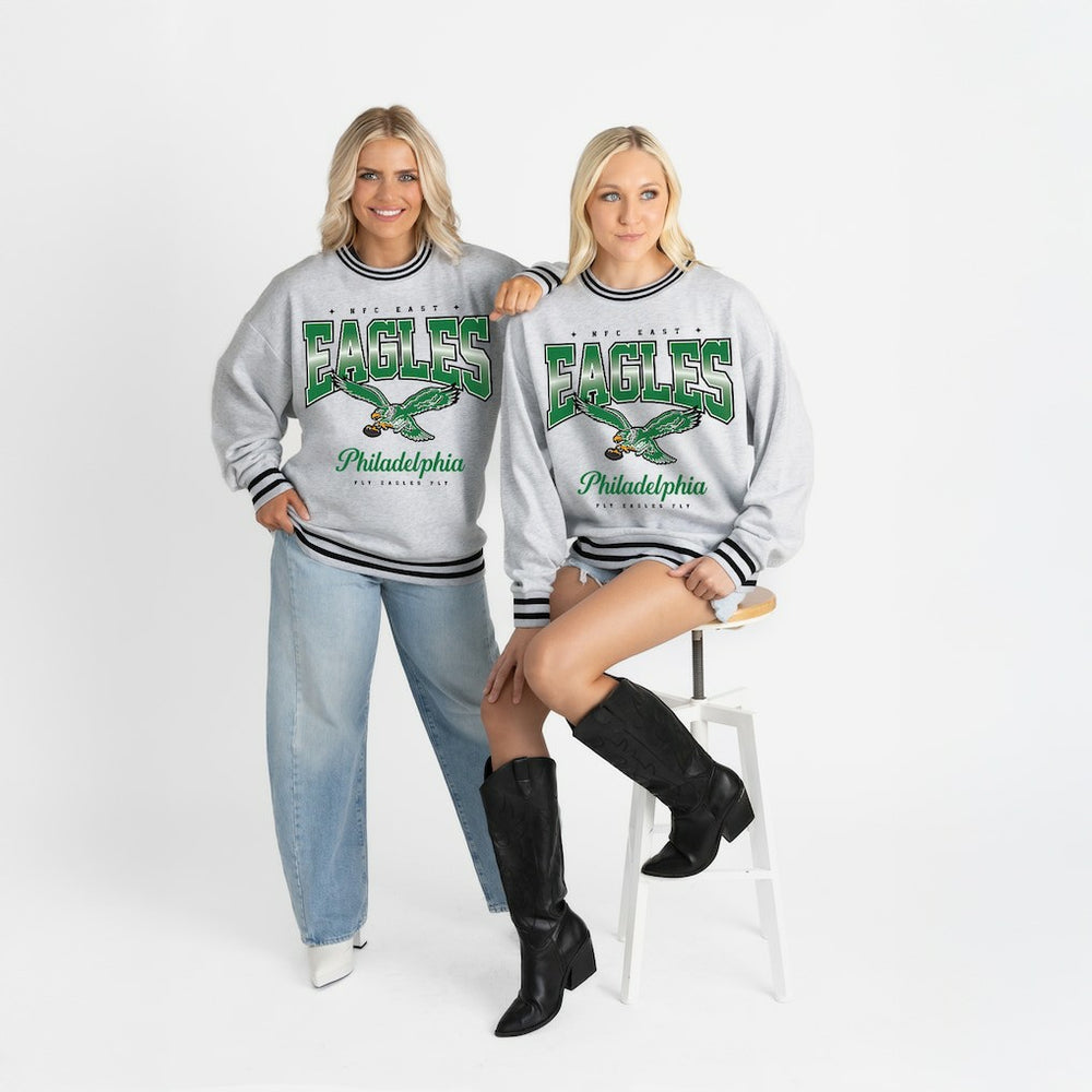 Philadelphia Eagles Gameday Couture Women's Oversized Gridiron Drive Ringer Stripe Sweatshirt - Ash/Black outlet