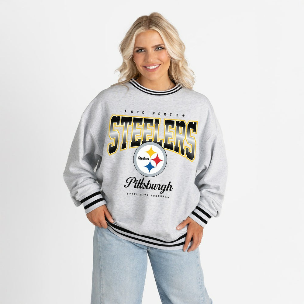 Pittsburgh Steelers Gameday Couture Women's Oversized Gridiron Drive Ringer Stripe Sweatshirt - Ash/Black discount