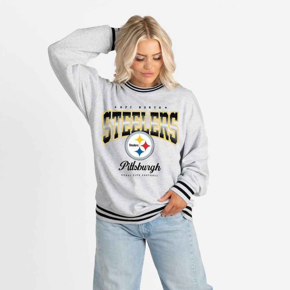 Pittsburgh Steelers Gameday Couture Women's Oversized Gridiron Drive Ringer Stripe Sweatshirt - Ash/Black discount