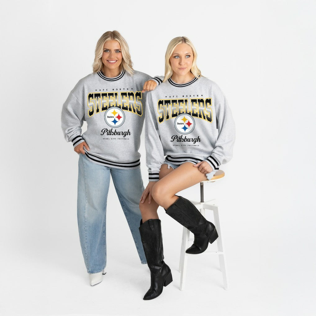 Pittsburgh Steelers Gameday Couture Women's Oversized Gridiron Drive Ringer Stripe Sweatshirt - Ash/Black discount