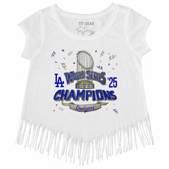 Los Angeles Dodgers Tiny Turnip Girls Youth 2025 World Series Champions Parade Fringe T-Shirt - White