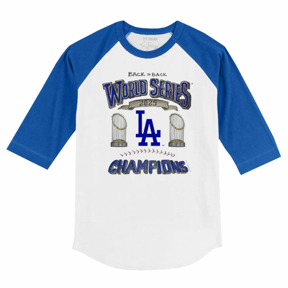 Los Angeles Dodgers Tiny Turnip Youth 2025 World Series Champions 3/4-Sleeve Raglan Baseball T-Shirt - White/Royal