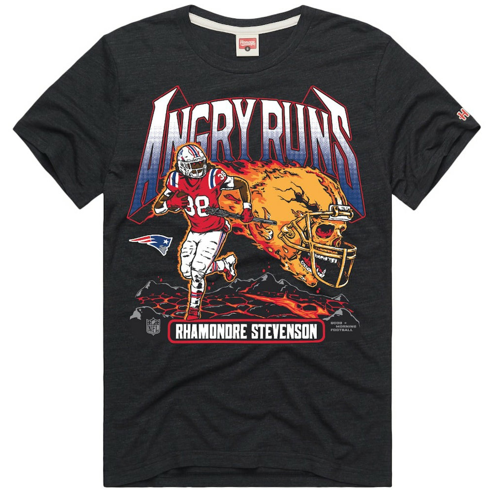 Rhamondre Stevenson New England Patriots Homage Unisex Angry Runs Player Graphic Tri-Blend T-Shirt - Charcoal for sale