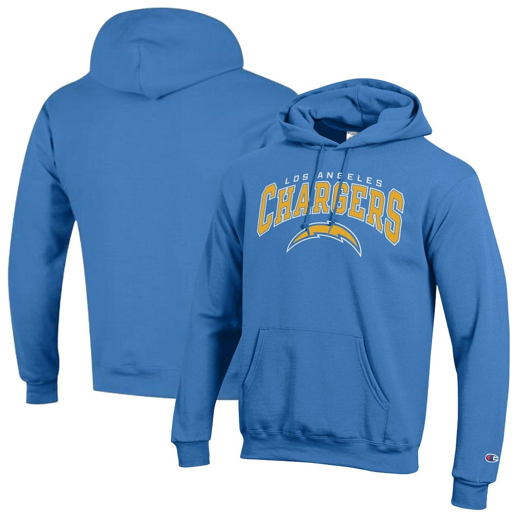 Los Angeles Chargers Champion Powerblend Arch over Logo Hoodie - Powder Blue sale