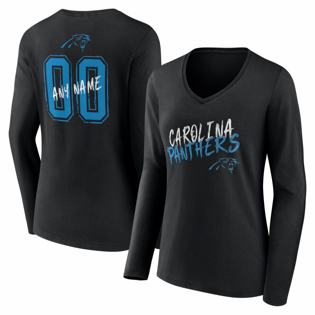 Carolina Panthers Women's Hustle Personalized Name & Number Long Sleeve V-Neck T-Shirt - Black on sale