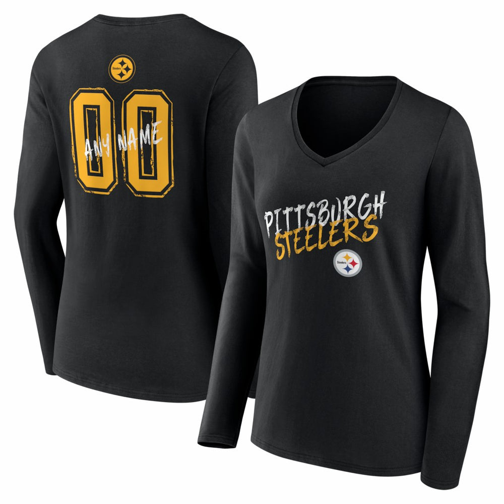 Pittsburgh Steelers Women's Hustle Personalized Name & Number Long Sleeve V-Neck T-Shirt - Black discount
