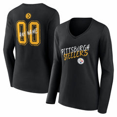 Pittsburgh Steelers Women's Hustle Personalized Name & Number Long Sleeve V-Neck T-Shirt - Black discount