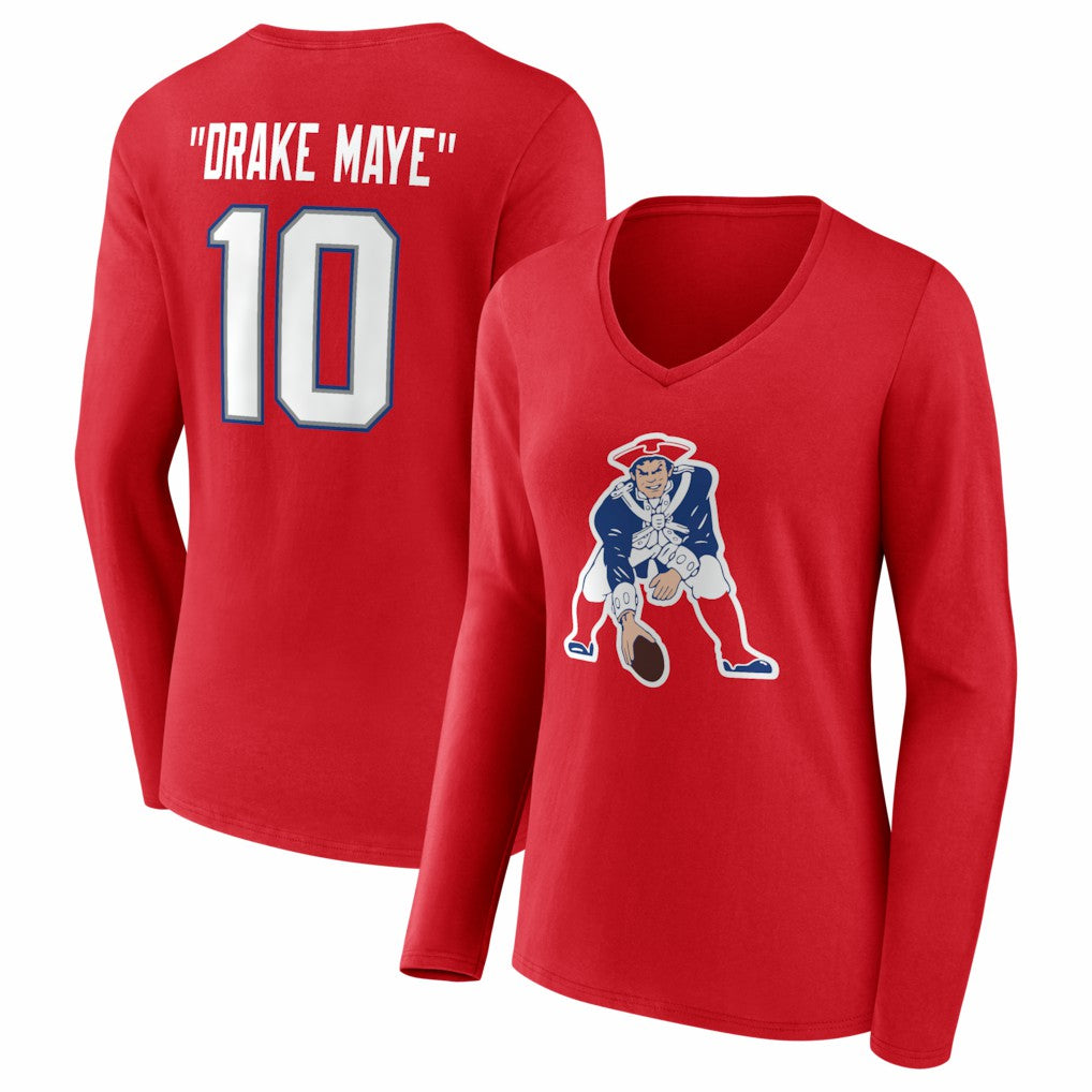 Drake Maye New England Patriots Women's Nickname V-Neck Long Sleeve T-Shirt - Red cheap