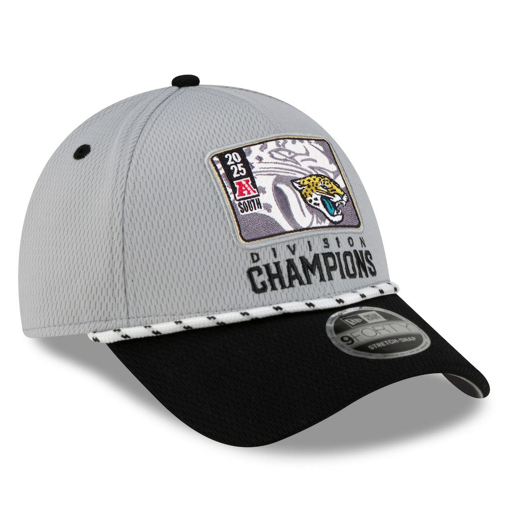 Jacksonville Jaguars New Era 2025 AFC South Division Champions Locker Room Trophy Collection 9FORTY Adjustable Hat - Gray/Black for sale