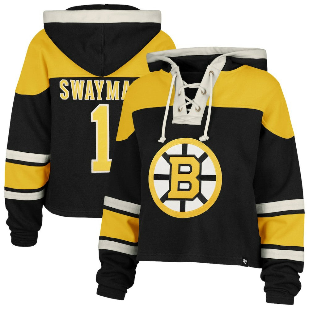 Jeremy Swayman Boston Bruins '47 Women's Superior Lacer Cropped Pullover Hoodie Black