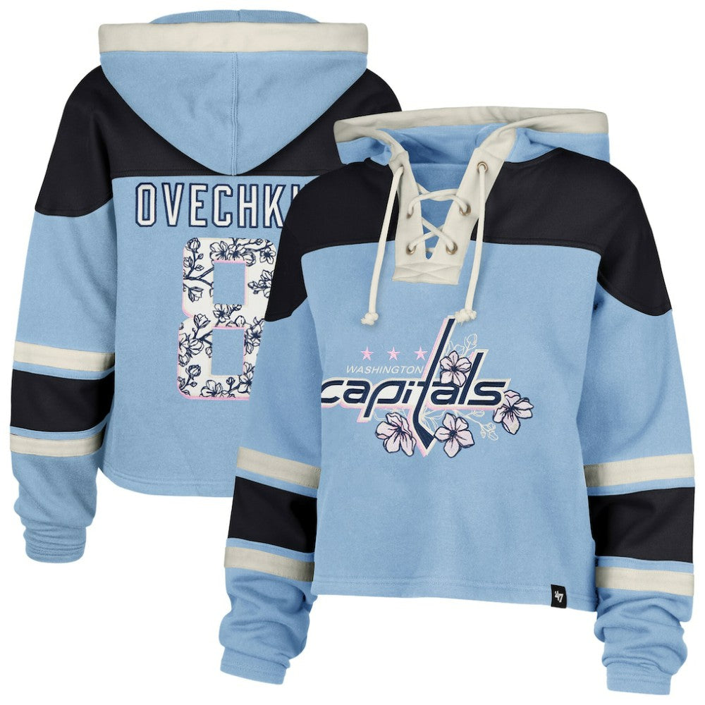 Alexander Ovechkin Washington Capitals '47 Women's Cherry Blossom Superior Lacer Cropped Pullover Hoodie Light Blue