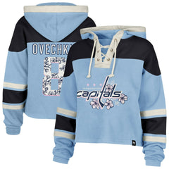 Alexander Ovechkin Washington Capitals '47 Women's Cherry Blossom Superior Lacer Cropped Pullover Hoodie Light Blue