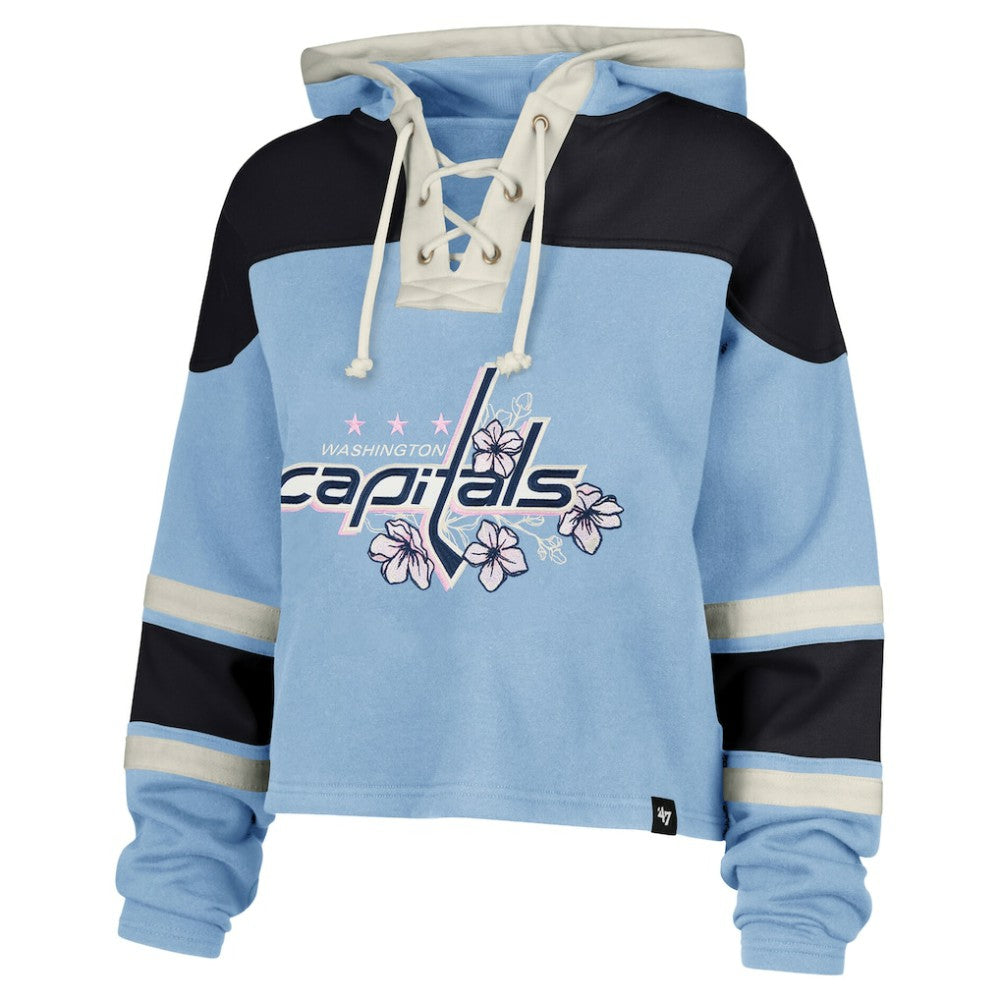 Alexander Ovechkin Washington Capitals '47 Women's Cherry Blossom Superior Lacer Cropped Pullover Hoodie Light Blue
