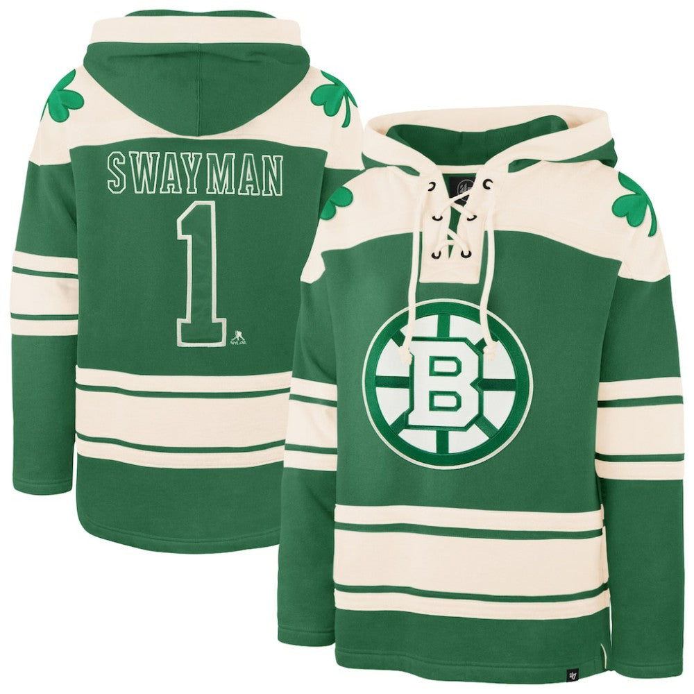 Jeremy Swayman Boston Bruins '47 St. Patrick's Day Player Name & Number Lacer Pullover Hoodie Kelly Green