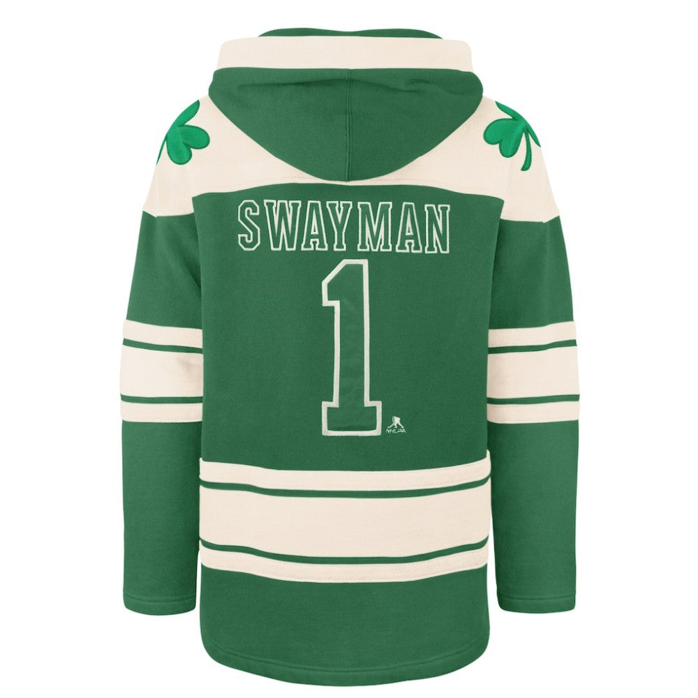 Jeremy Swayman Boston Bruins '47 St. Patrick's Day Player Name & Number Lacer Pullover Hoodie Kelly Green