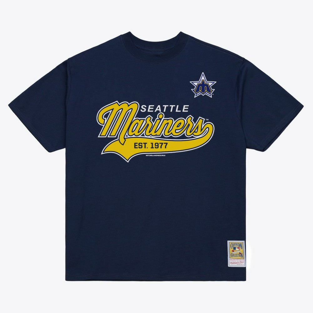 Seattle Mariners Script Sweep Arch T-Shirt - Navy | Mitchell & Ness