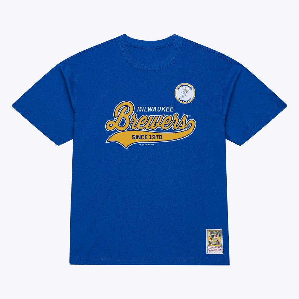 Milwaukee Brewers Script Sweep Arch T-Shirt - Royal | Mitchell & Ness