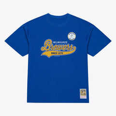 Milwaukee Brewers Script Sweep Arch T-Shirt - Royal | Mitchell & Ness