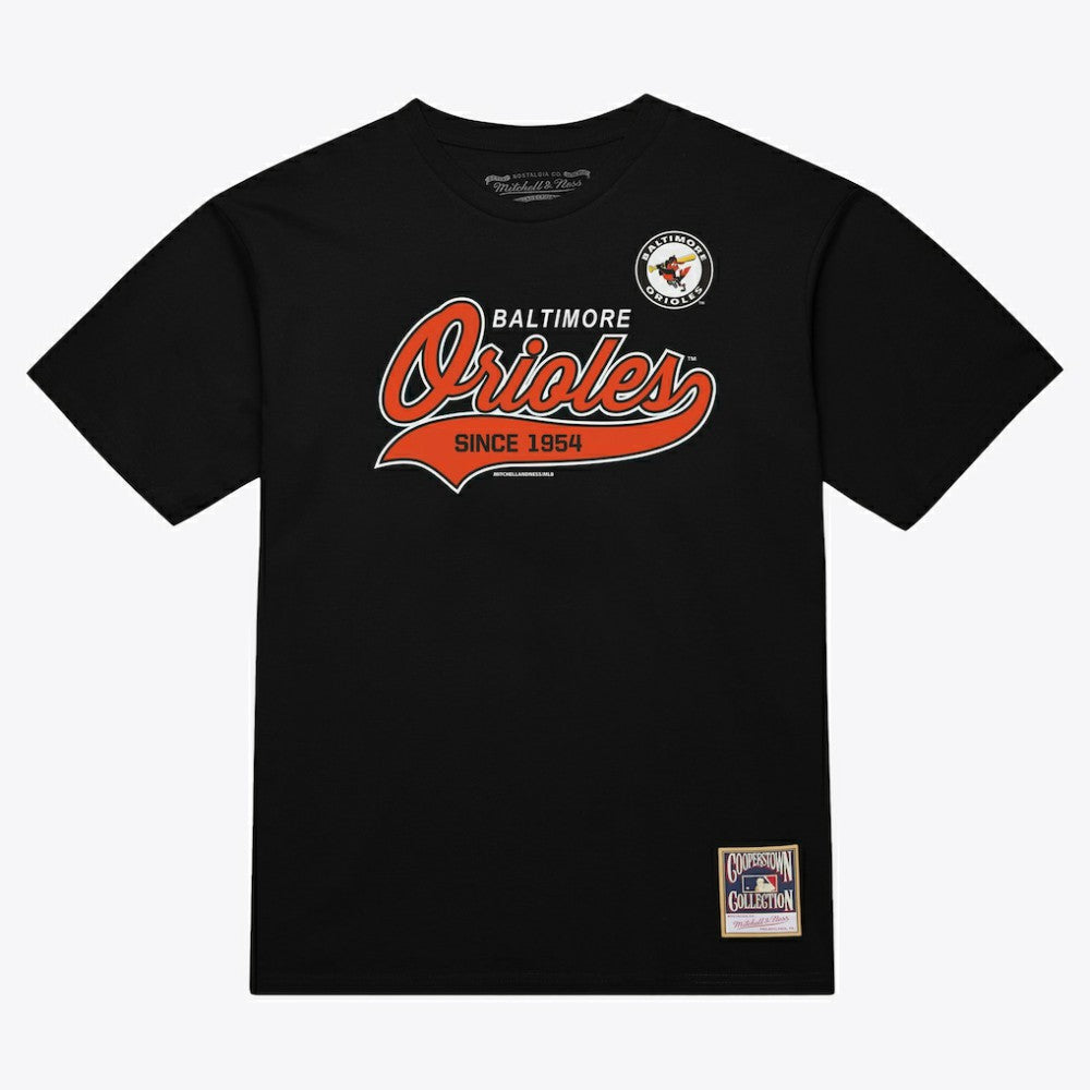 Baltimore Orioles Script Sweep Arch T-Shirt - Black | Mitchell & Ness