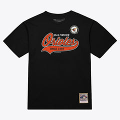 Baltimore Orioles Script Sweep Arch T-Shirt - Black | Mitchell & Ness
