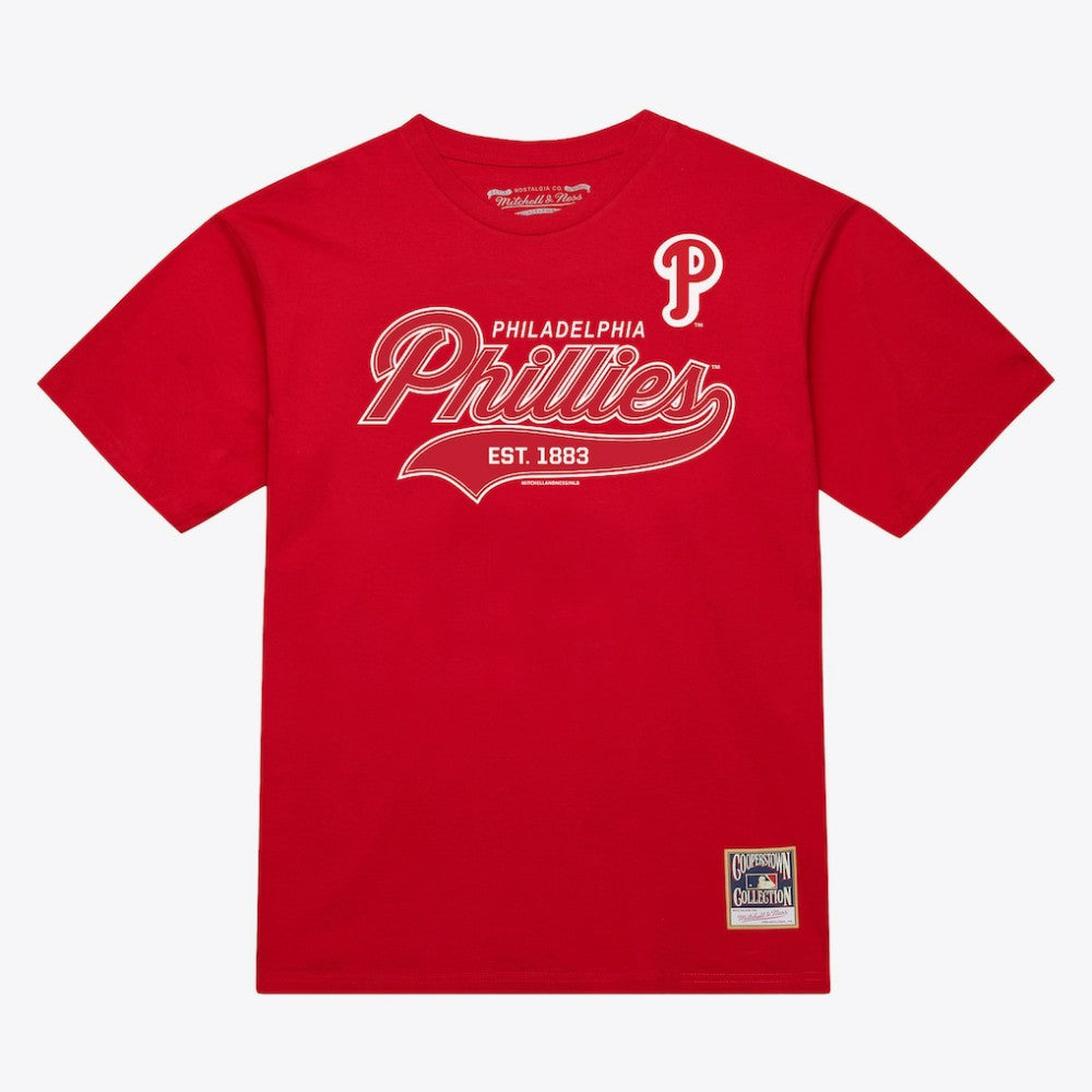 Philadelphia Phillies Script Sweep Arch T-Shirt - Red | Mitchell & Ness