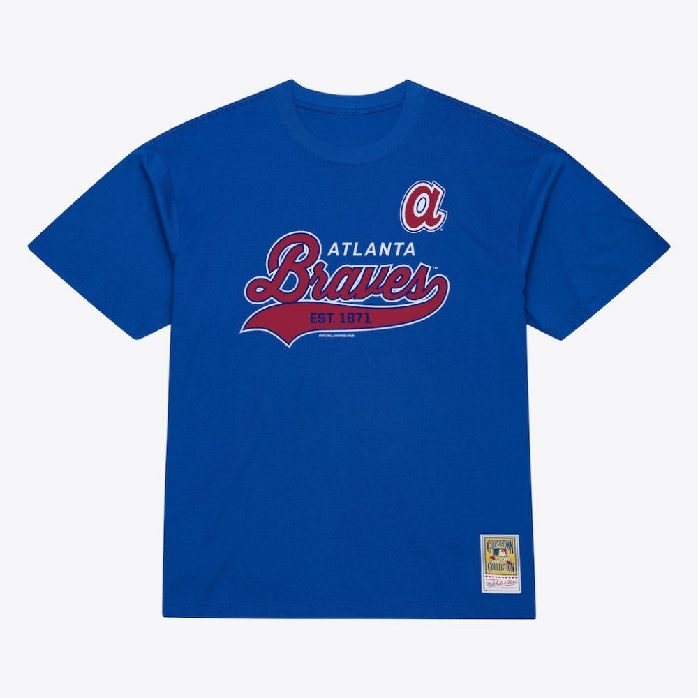 Atlanta Braves Script Sweep Arch T-Shirt - Royal | Mitchell & Ness