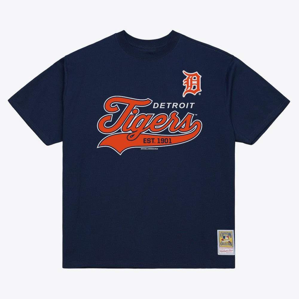 Detroit Tigers Script Sweep Arch T-Shirt - Navy | Mitchell & Ness