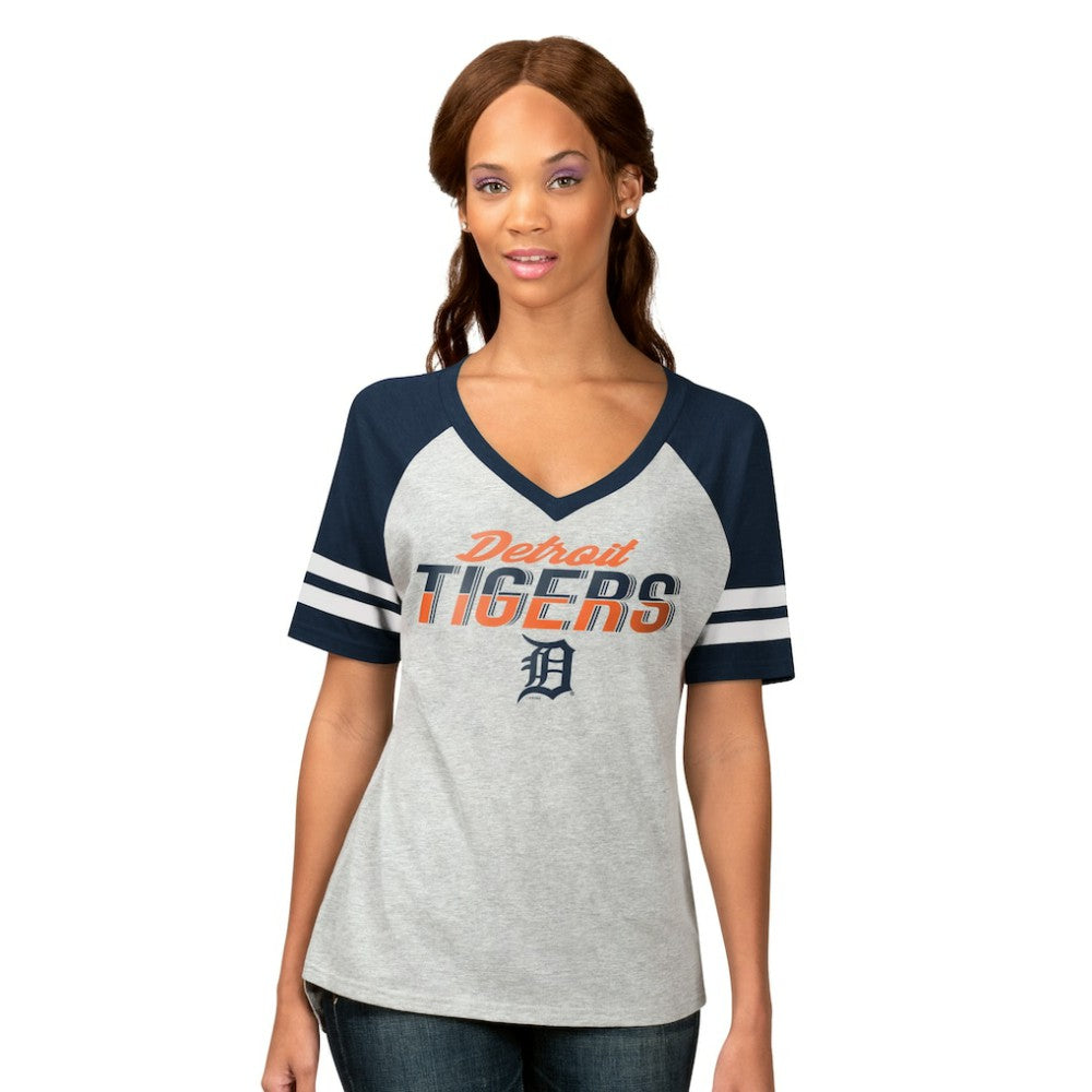 Detroit Tigers G-III 4Her by Carl Banks Women's Goal Line Raglan V-Neck T-Shirt - Heather Gray
