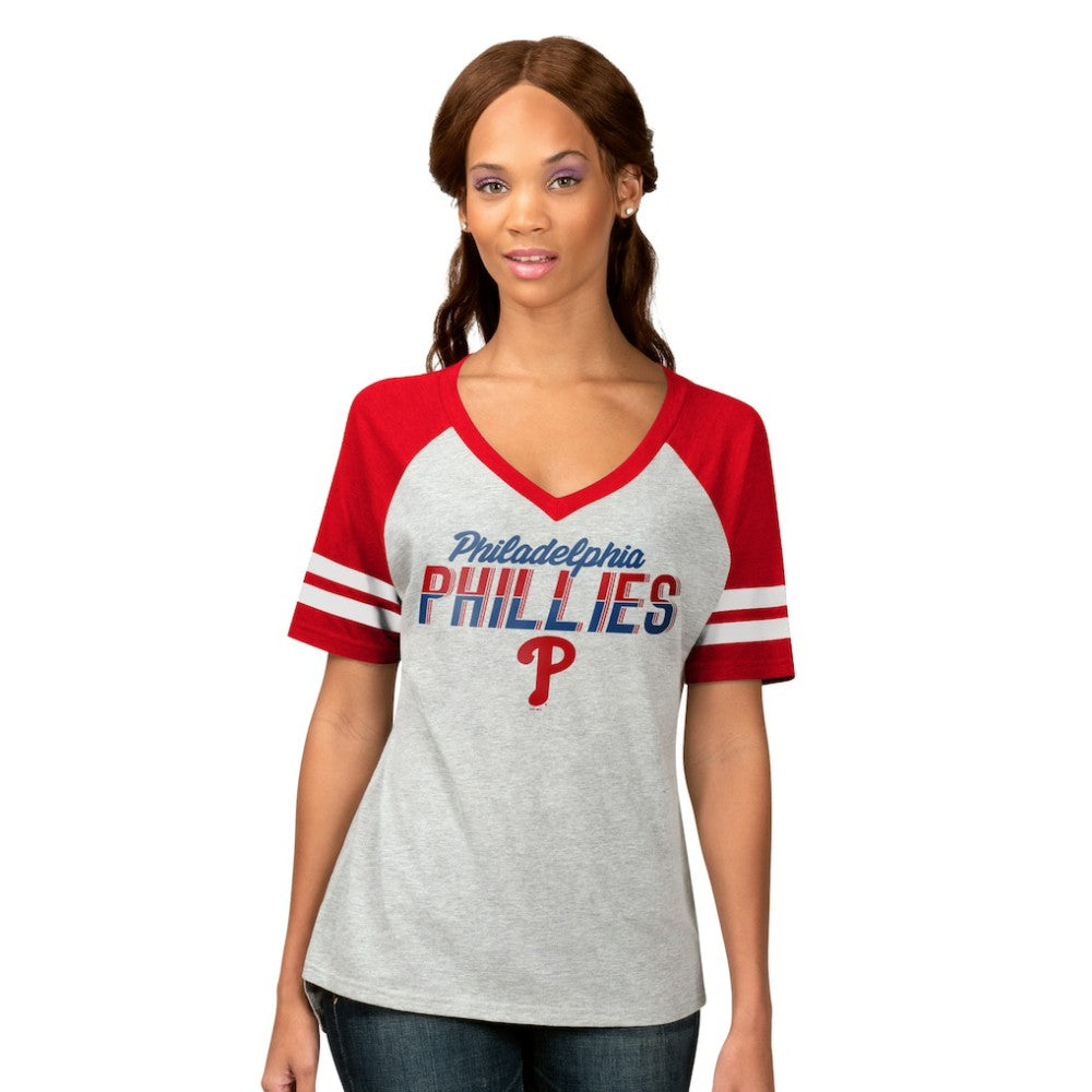 Philadelphia Phillies G-III 4Her by Carl Banks Women's Goal Line Raglan V-Neck T-Shirt - Heather Gray