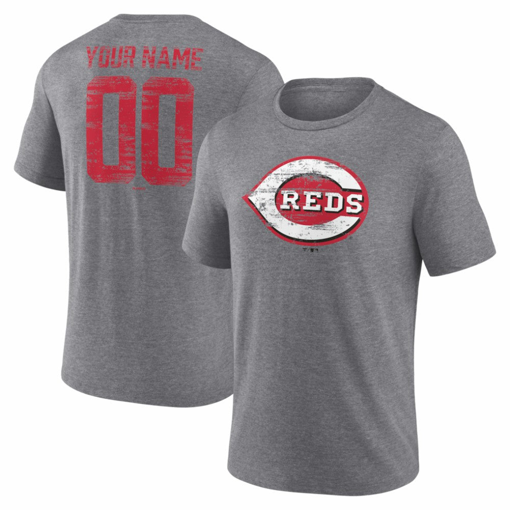 Cincinnati Reds Heritage Personalized Any Name & Number Tri-Blend T-Shirt - Gray