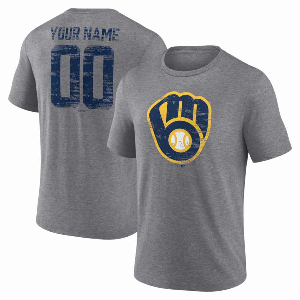 Milwaukee Brewers Heritage Personalized Any Name & Number Tri-Blend T-Shirt - Gray