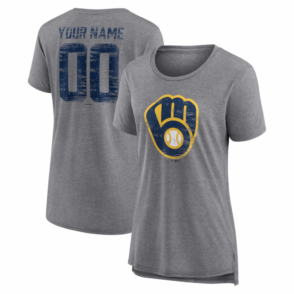 Milwaukee Brewers Women's Heritage Personalized Any Name & Number Tri-Blend T-Shirt - Gray