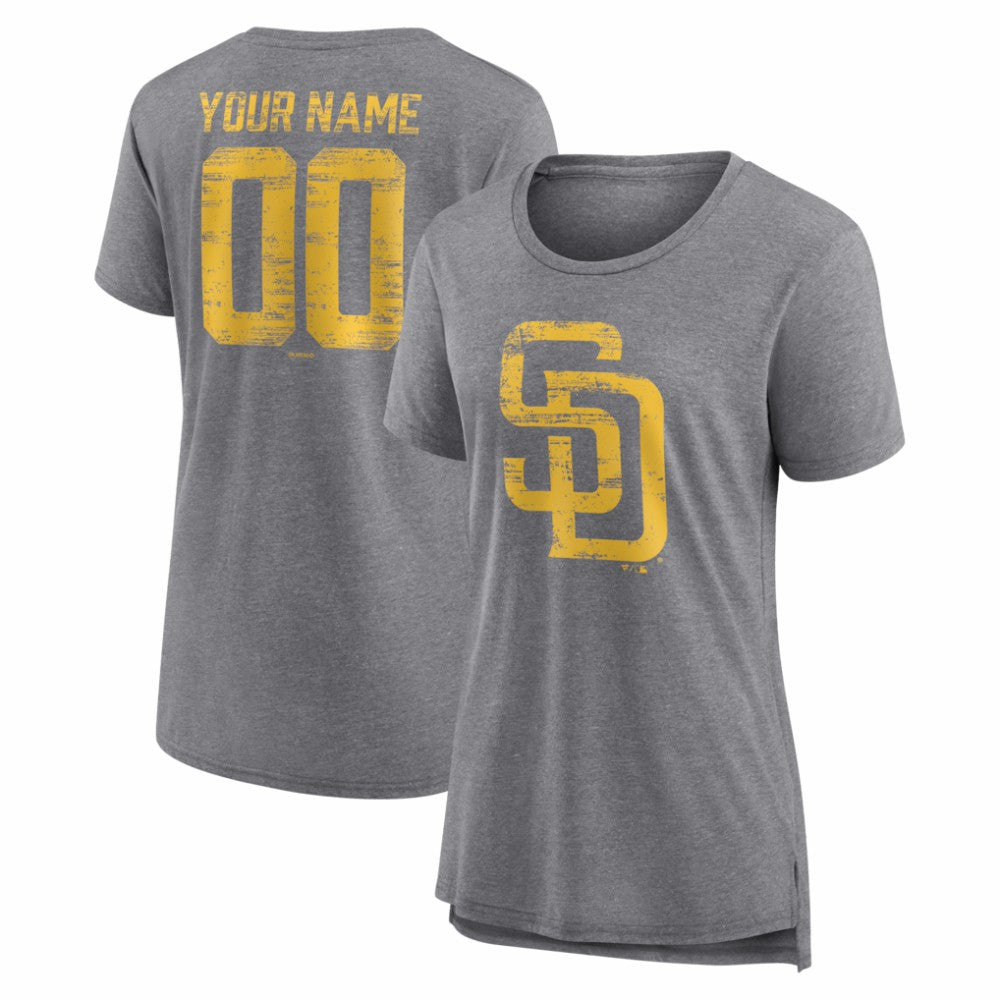 San Diego Padres Women's Heritage Personalized Any Name & Number Tri-Blend T-Shirt - Gray