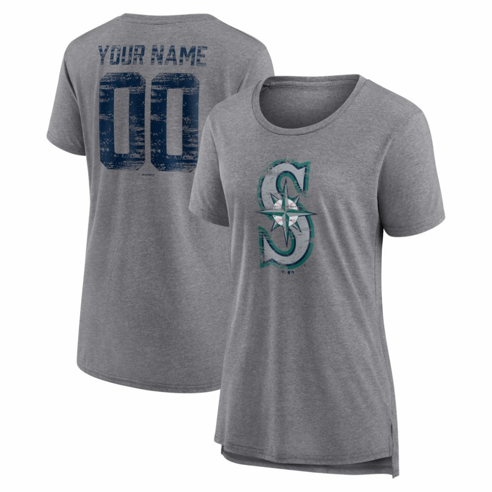 Seattle Mariners Women's Heritage Personalized Any Name & Number Tri-Blend T-Shirt - Gray