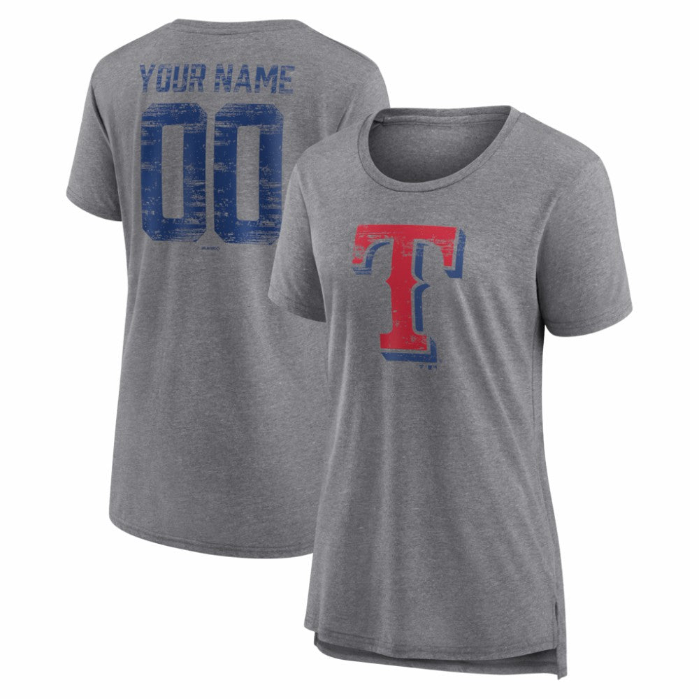 Texas Rangers Women's Heritage Personalized Any Name & Number Tri-Blend T-Shirt - Gray