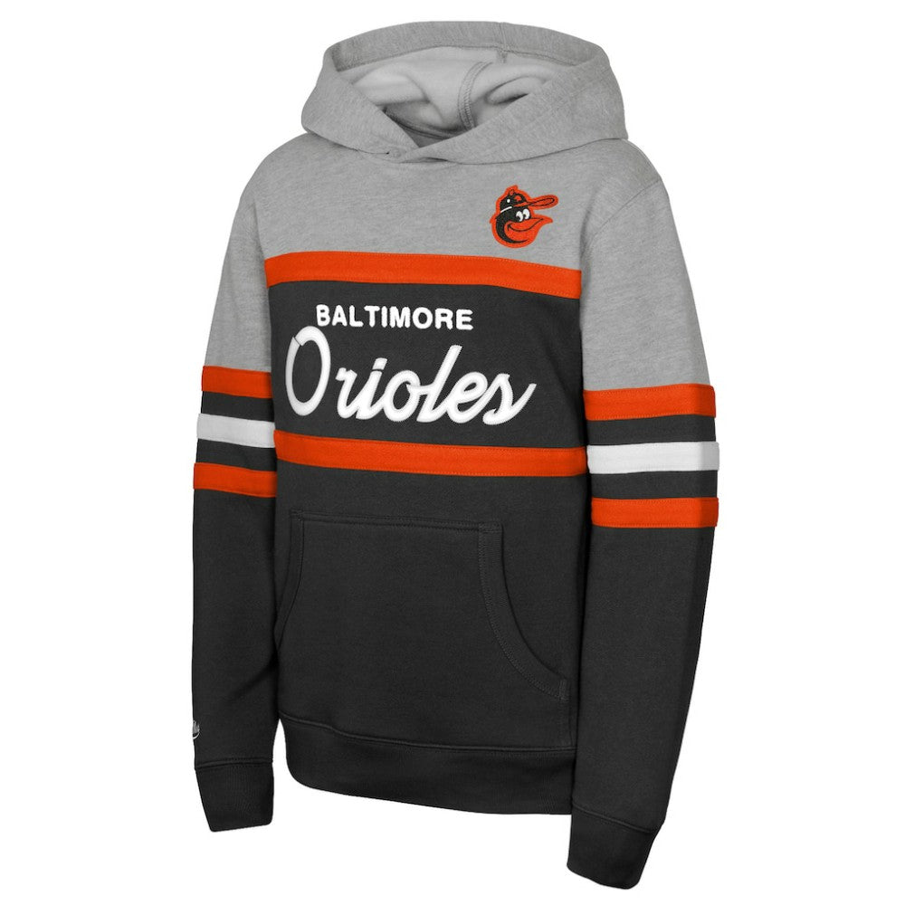 Baltimore Orioles Youth Cooperstown Head Coach Pullover Hoodie - Black/Grey | Mitchell & Ness