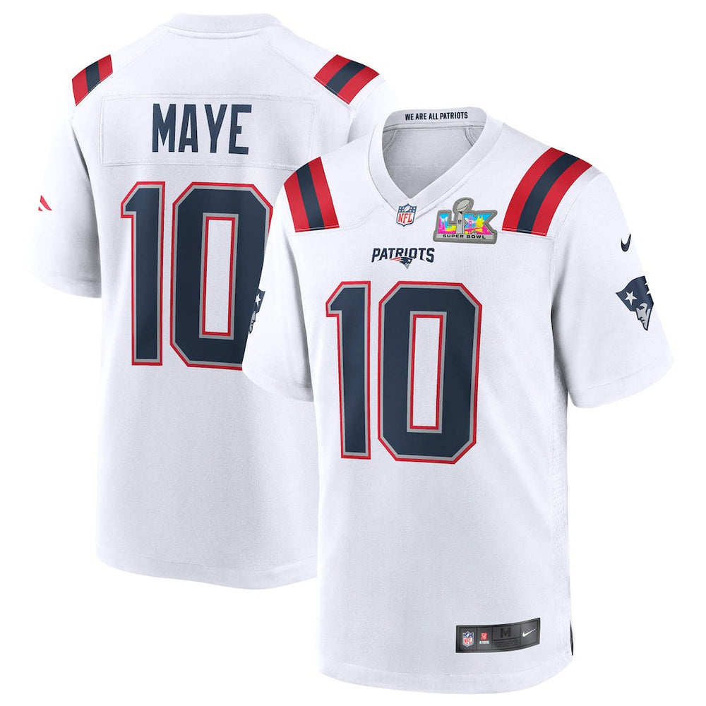 Drake Maye New England Patriots Super Bowl LX Patch Game Jersey - White | Nike for sale