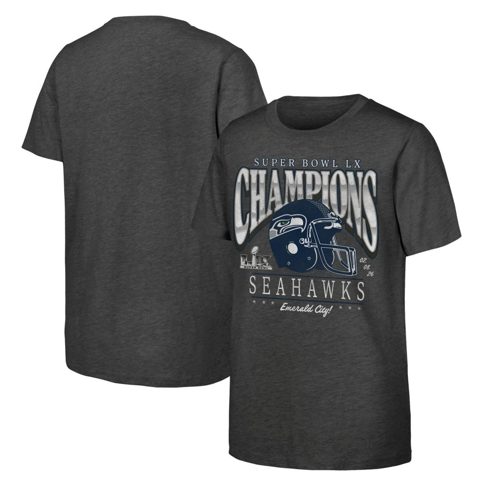Seattle Seahawks Youth Super Bowl LX Champions Prestigious Run Helmet T-Shirt - Charcoal sale