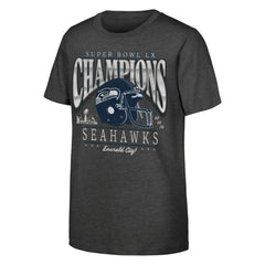 Seattle Seahawks Youth Super Bowl LX Champions Prestigious Run Helmet T-Shirt - Charcoal sale