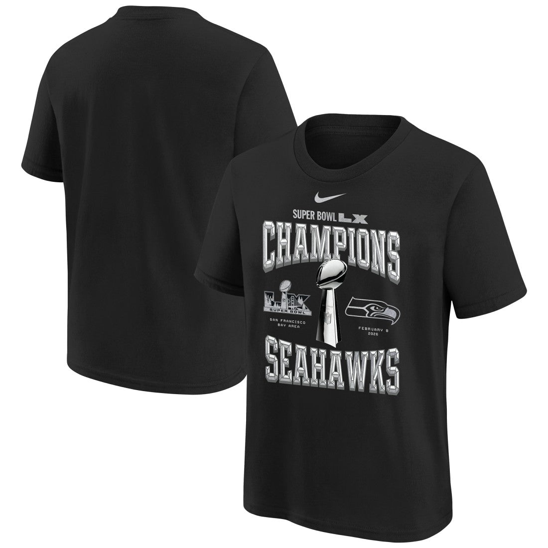 Seattle Seahawks Youth Super Bowl LX Champions Locker Room Trophy Collection Replica T-Shirt - Black | Nike for sale