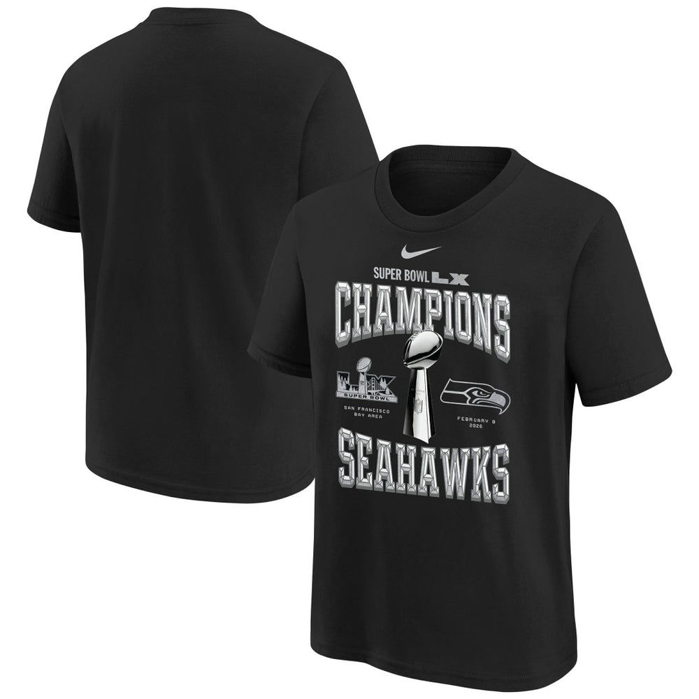 Seattle Seahawks Youth Super Bowl LX Champions Locker Room Trophy Collection Replica T-Shirt - Black | Nike for sale