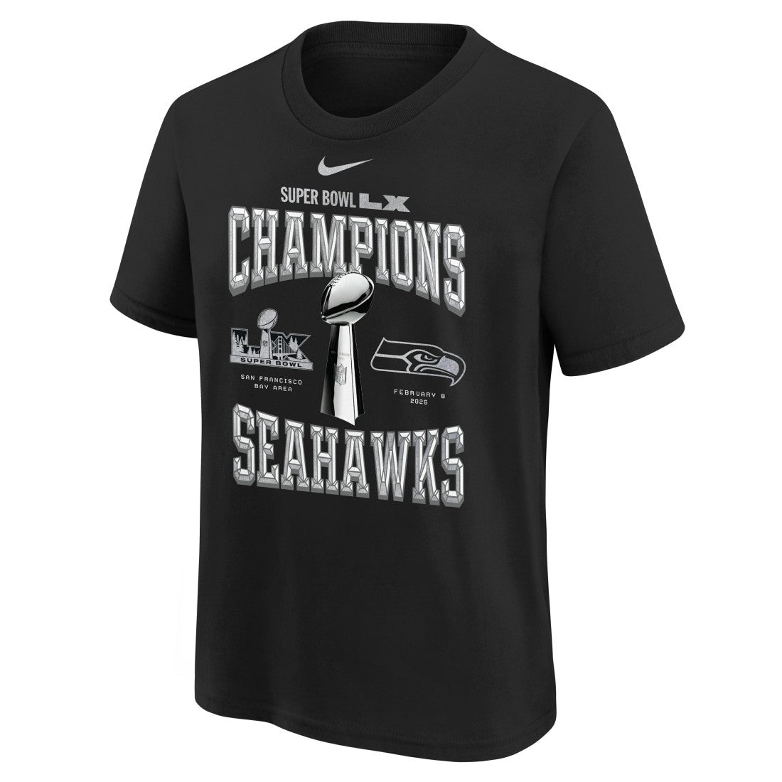 Seattle Seahawks Youth Super Bowl LX Champions Locker Room Trophy Collection Replica T-Shirt - Black | Nike for sale