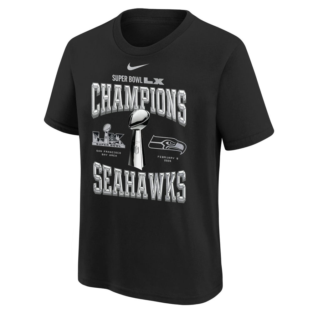 Seattle Seahawks Youth Super Bowl LX Champions Locker Room Trophy Collection Replica T-Shirt - Black | Nike for sale