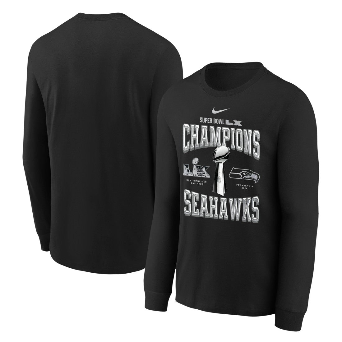 Seattle Seahawks Youth Super Bowl LX Champions Locker Room Trophy Collection Long Sleeve T-Shirt - Black | Nike on sale